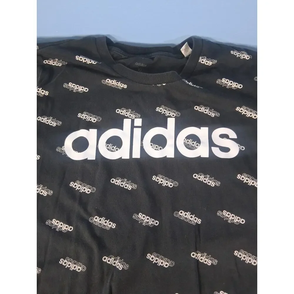 Adidas Logo Black Shirt Size XL White Logo All Over Print Short Sleeve